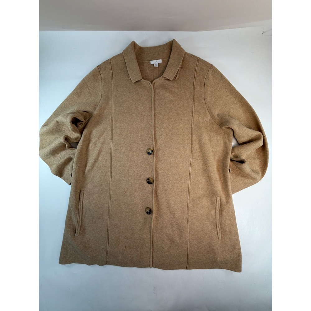 J. Jill Camel Tan Button Front Knit Sweater Jacket XL Petite Collared Pockets
